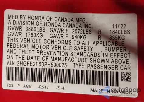 2023 Honda Civic Sport из США, поврежденный, VIN 2HGFE2F53PH500025